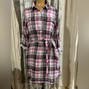 Gap plaid button down/ belted  knee high dress with side pockets